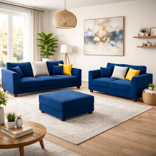 Image of SOCOZI Trevano 3+2 Seater Fabric Sofa Set with Ottoman | Soft Velvet Suede Upholstery | Modern Living Room Furniture (Blue-Light Grey)