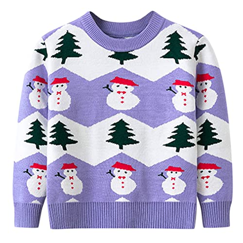 Toddler Boys Girls Christmas Cartoon Tree Snowman Prints Sweater Long Sleeve Warm (Purple, 4-5 Years)