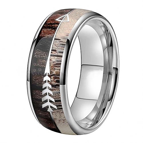 Men Women Tungsten Carbide Rings Deer Antler Wood Arrow Inlay Wedding Bands Comfort Fit Jewelry Silver 9.5