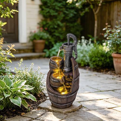 Image of Vintage Pump Barrel Outdoor Water Fountain, Resin & LED, 21.7 in