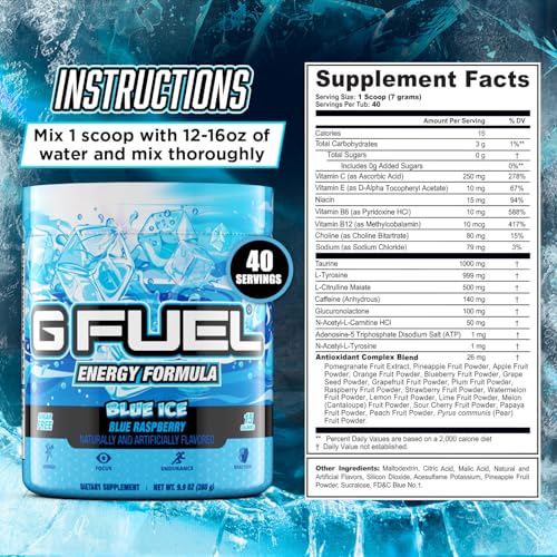Image of G Fuel Blue Ice Energy Drink Powder, Pre Workout Caffeine Mix for Gaming, Sugar Free Focus Amino, Vitamin + Antioxidants, 9.9oz (Blue Raspberry, 40 Servings)