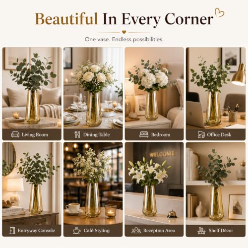 Image of Amber Glass Flower Vase for Home Decor, 22 cm Decorative Vase for Fresh & Artificial Flowers, Pampas Grass, Modern Nordic Centerpiece for Living Room, Dining Table & Office