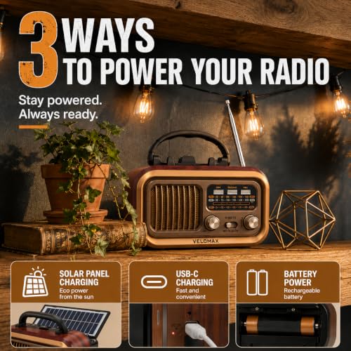 Image of VELOMAX Radio FM for Home with Speaker, FM Radio with Bluetooth 5.0, AM /FM /SW Portable Retro Radio with Solar Panel, USB-C Charging, Rechargeable Battery, USB & TF Card Playback(Brown)