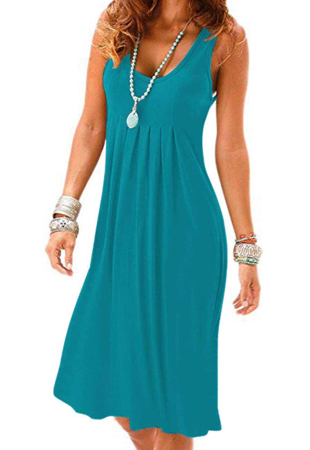 Camisunny Women Casual Loose Tank Dresses Sleeveless Beach Vacation Dress Swing Pleated U Neck Fashion Soft