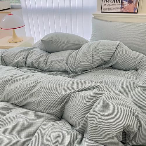 Image of MKXI Ultra-Fine Stripe Duvet Cover Set Queen, 100% Washed Cotton Green & White Textured Bedding, 3 Piece Breathable Comfy Farmhouse Style Duvet Cover with Pillow Shams