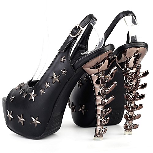 SHOW STORY Black Peeptoe Star Stud Sling Back Platform Bone Heel Pumps,LF806332