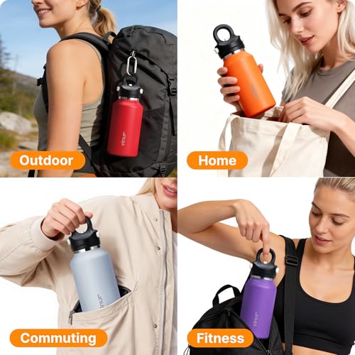 Image of Vinur 12 oz Insulated Water Bottle for Kids School - Leak Proof Stainless Steel Travel Water Bottle with Push Button Lid | One-Hand Operation | Cup Holder Friendly, Blue