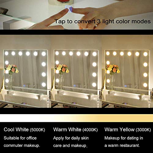 Chende Hollywood Vanity Mirror with 12 LED Lights and Touch Control Dimmer, Lighted Makeup Mirror for Wall Makeup Vanity Bedroom Bathroom, 3 Color Lighting Modes