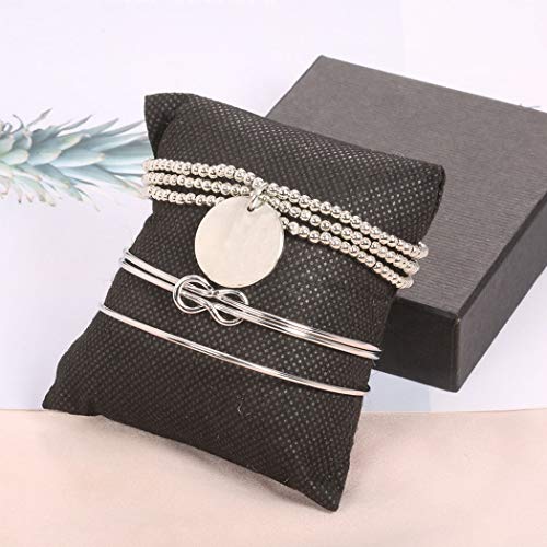 Boho Layered Knot Bangle Stackable Bracelets Silver Dainty Coin Beaded Hand Jewelry for Women and Men 5Pcs (Coin)4