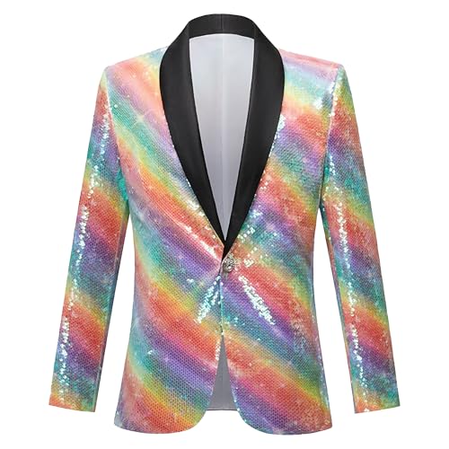 Men's Sequin Shawl Rainbow Suit Jacket Slim Fit Stylish Disco Tuxedo Suits Wedding Prom Party Suit Coat