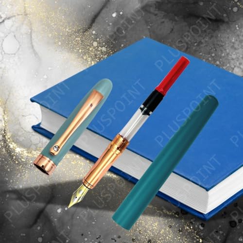 Image of PLUSPOINT Luxury Metal Body Fountain Pen Blue Mat Finish Studded stone Clip, Iridium Nib, Rose Gold Trims, Include Ink Converter Gift Set for Men & Women, Executives, kids