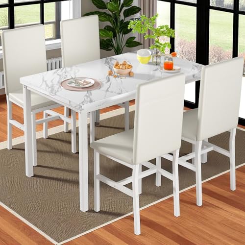 Hooseng Dining Table Set for 4- Space Saving Kitchen Table and Chairs for 4, Faux Marble Tabletop &...