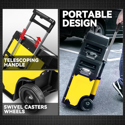 Image of Auto Dynasty 3-Tier Stackable Tool Box, 19.5 Inch 3-in-1 Rolling Tool Box with Wheels, Portable Steel and Plastic Rolling Upright Trolley Toolbox Organizer for Garage Workshop, 3-Piece Set, Yellow