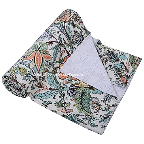 Couvre-lit Kantha en coton blanc fait main chic 228x274 - 2
