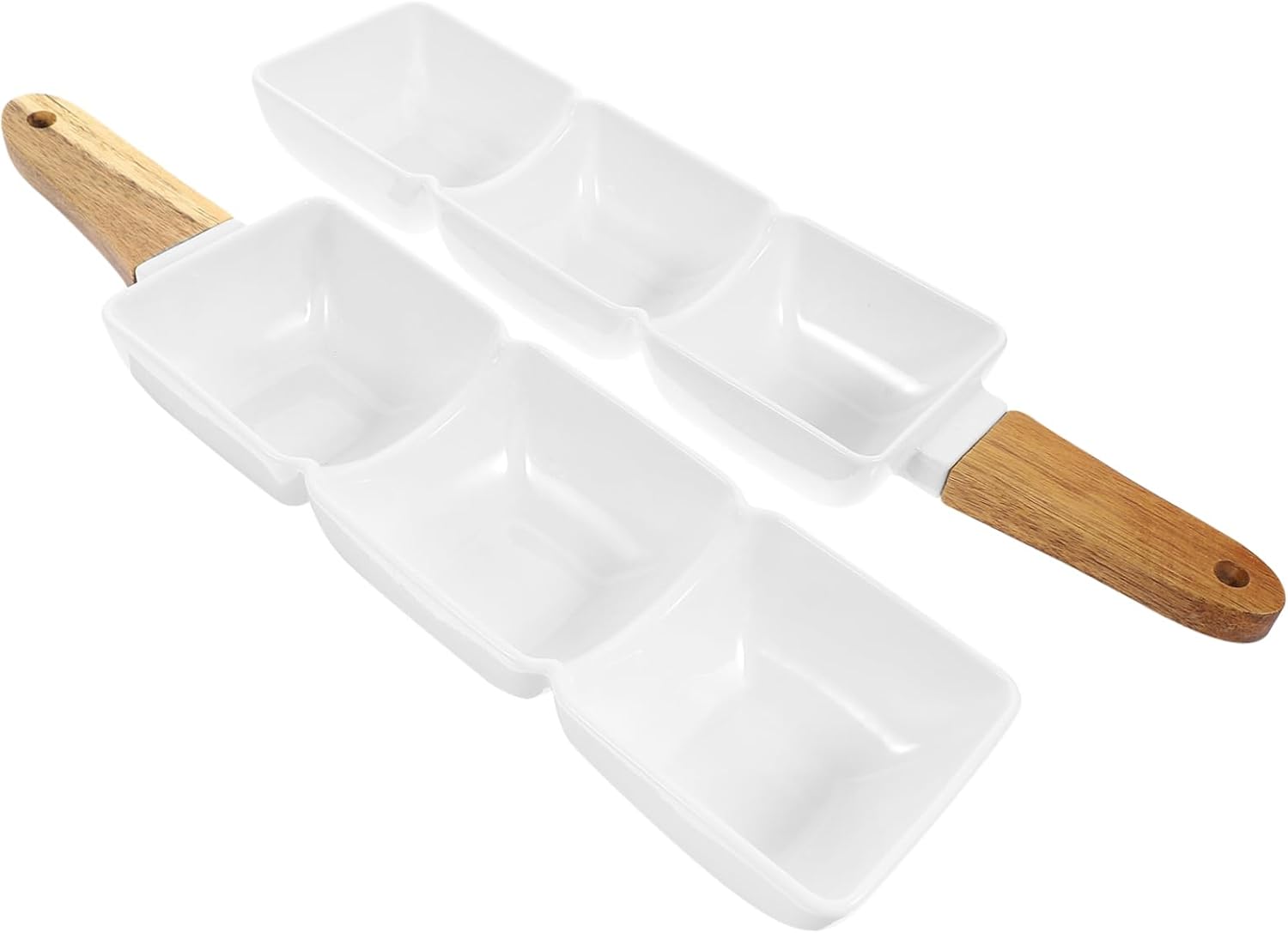 2Pcs Three-Compartment Ceramic Snack Bowl with Wooden Handle Square Serving Dish for Fruits Salads and Dips for Home Entertaining and Parties
