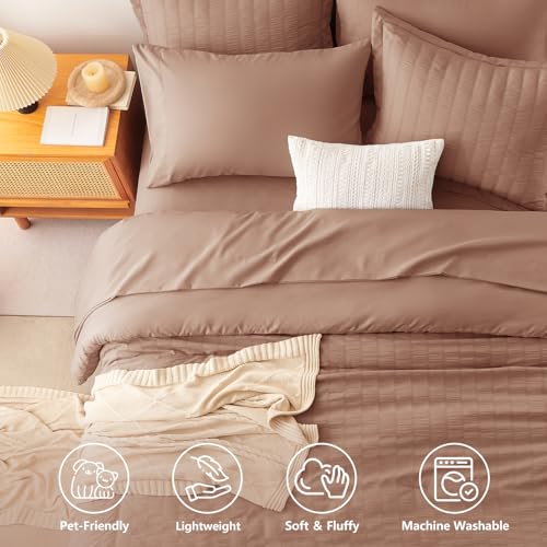 Image of CozyLux Queen Comforter Set Mocha Mousse, 7 Pieces Seersucker Textured Luxury Bed in a Bag Queen, All Seasons Bedding Sets with Down Alternative Comforter, Sheets, Pillowcases & Shams, Bedroom Bed Set
