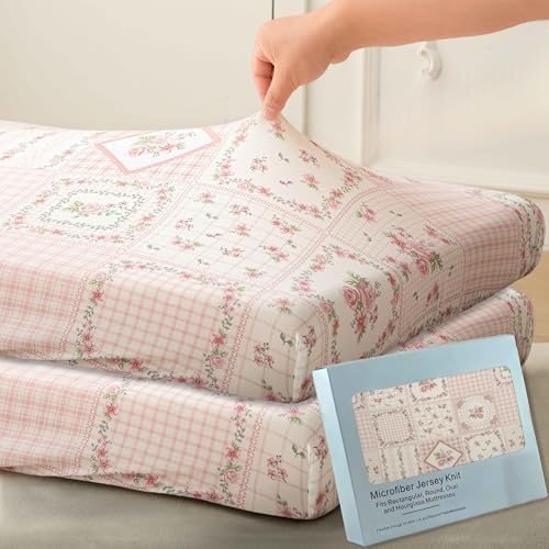 Image of SDY Jersey FloralCrib Sheets for Baby Girls,52 inchx28 inchx8,2 Pack,Pink Flower Standard Oval /Retangle Crib Mattress Sheets for Toddler,Super Soft Breathable