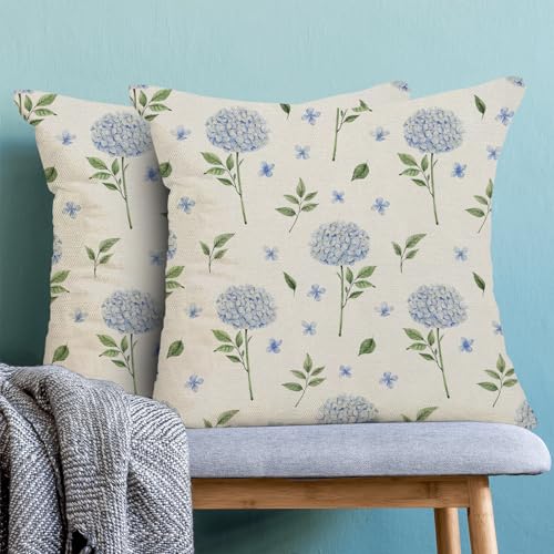 Image of AEIOAE Spring Pillow Covers 18x18 Inch Set of 2, Blue Green Hydrangea Flower Leaves Throw Pillows Case,Floral Summer Outdoor Seasonal Decorative Farmhouse Decor Cushion Covers for Home Sofa Bed Couch