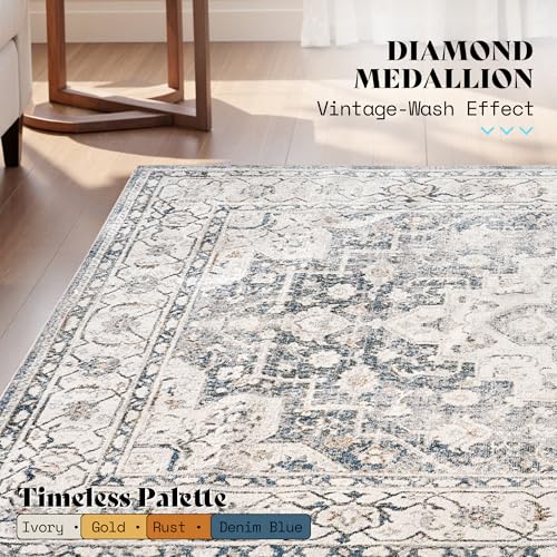 Image of AMERLIFE 5'x8' Wilton Collection Area Rug, Durable Low Pile Non-Slip Washable Rug for High Traffic Areas, Distressed Floral Pattern Vintage Rug for Living Room, Bedroom, Dining Room,Light Blue