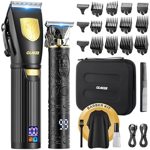 GLAKER Hair Clippers for Men Professional, Cordless Clippers for Hair Cutting, Mens Hair Clippers and Trimmer Kit for Barber with LED Display 15 Guide Combs Cover