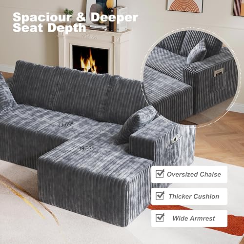 Image of 95 inch Modular Sectional Sofa - Memory Foam Sectional Couches with Deep Seat and Side Pockets,Modular Sofa Couches L-Shape Couch with Chaise, Boneless couches for living room(Gray, 95 inch+Right Chaise)