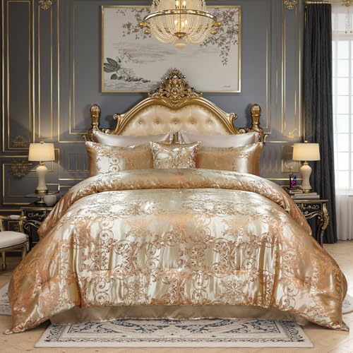 King Size 8-Piece Jacquard Comforter Set with Satin Sheets Set Elegant Coordinated Bedding Collection for Bedroom Gold Bed-in-a-Bag