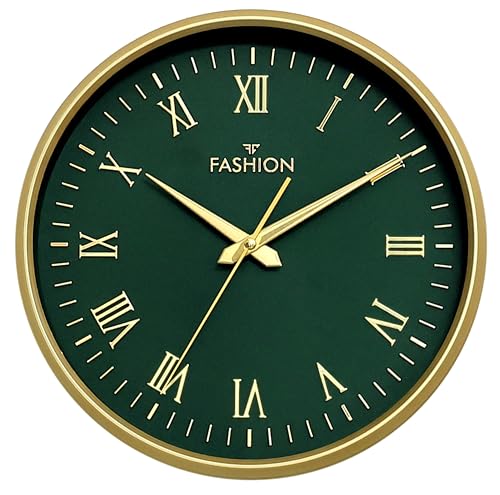 Image of Elica Fashion Round Wall Clock, Green & Gold, Roman Numerals, Decorative Home Decor for Living Room (Gold-RF)