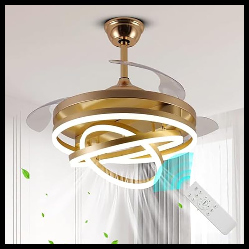 Smartway® - 122 Watt Cross Gold Modern Ceiling Fan Chandelier BLDC Fan Noiseless Motor + Retractable Blade Decorative LED Light 3 Color Setting Control with Remote and Smart Voice Assist App Control