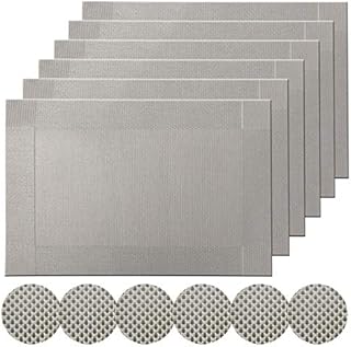 Famibay Grey Washable Placemats and Coasters Set of 6 Woven Vinyl Table Mats Sets