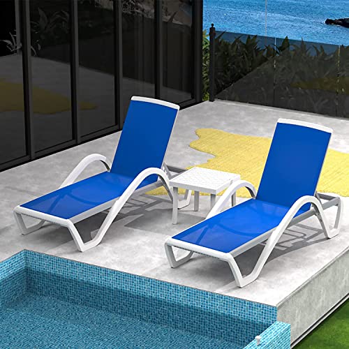 Domi Patio Chaise Lounge Chair Set Of 3,Outdoor Aluminum Polypropylene Sunbathing Chair With Adjustable Backrest,Arm,Side Table,For Beach,Yard,Balcony,Poolside(2 Blue Chairs W/Table) #TOP7
