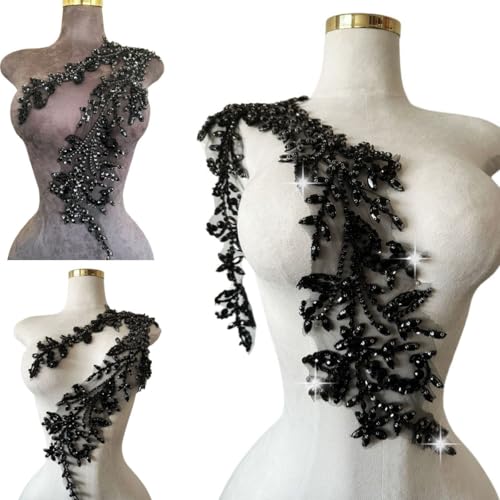 Handmade Shining Acrylic Rhinestones on lace Applique Sewing Beads Stones Trim Patches Accessories for Wedding Dress 4.3X 23.6inches (Black)