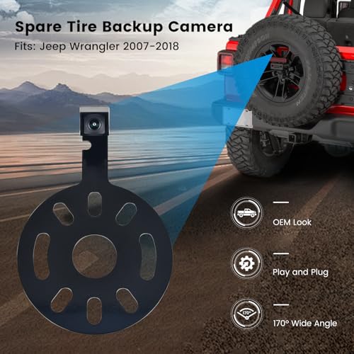 Image of Dasaita Backup Camera for Jeep Wrangler 2007-2018 Spare Tire Mount, Rear View Aftermarket Camera for JK JKU Rubicon Sahara Sport Unlimited w /Wiring Harness, Only Fit 1080P Navigation, 170Wide Angle