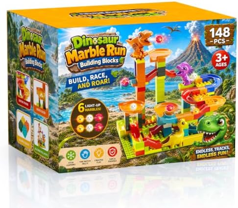 148 Teile Dinosaurier Murmelbahn Bauklötze Set, Geschenke für Kinder ab 3+ | Duplo ab 3 4 5 6 Jahre Großen bausteine Set Enthält 6 Leuchtkugeln, Kinderspielzeug ab 3-6 Jahre Junge