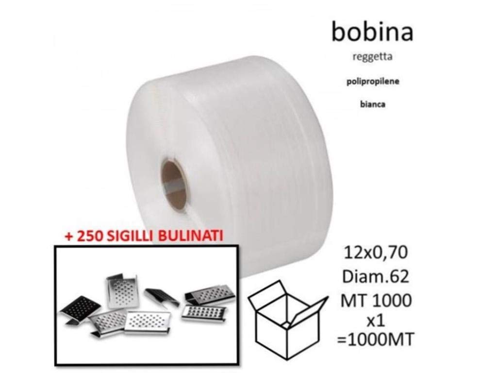 REGGIA + SIGILLI Reggetta polipropilene manuale 12x0,7 mm 1000mt x 1 bobina bianca .Foro 62mm.+ BOX da 250 sigilli bulinati 13x0,5 (5/10)