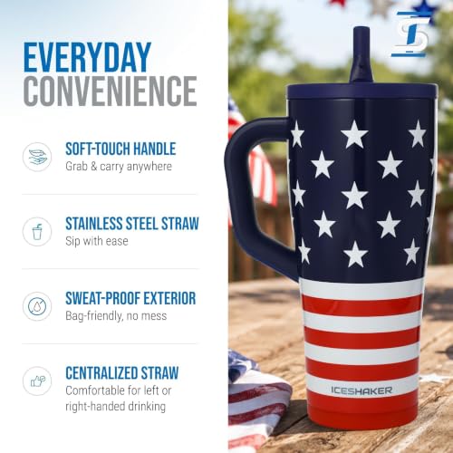 Image of Ice Shaker 32 oz Tumbler with Handle and Straw | 32oz Stars & Stripes | Cold for 30+ Hours | 2-in-1 Tumbler Shaker Bottle | Odor-Free 32 ounce Bottle for Water, Protein Shakes, Smoothies, Cocktails