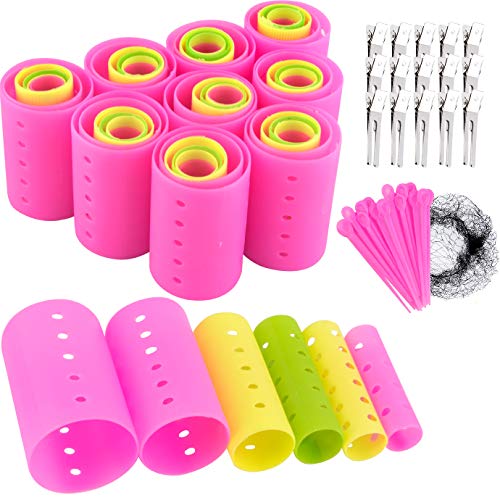 QUACOWW 105 Pieces Magnetic Hair Rollers Set, Self Grip Hair Rollers Set, Include 60 Plastic Smooth Hair Rollers with 24Pins, 20 Metal hairpin and Black Hairnet Hairdressing Styling Tool, Random Color
