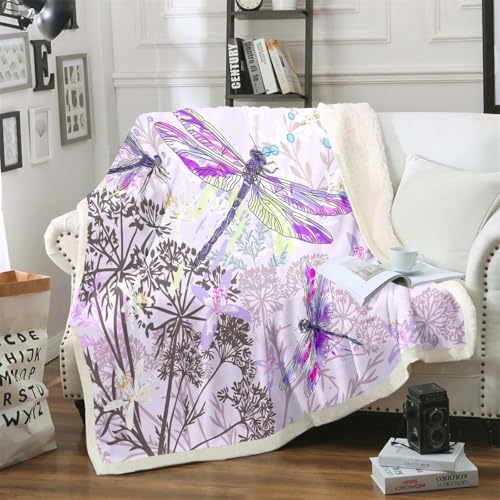 Feelyou Dragonfly Sherpa Blanket Throw 50x60 Inches Botanical Floral Fleece Throw...