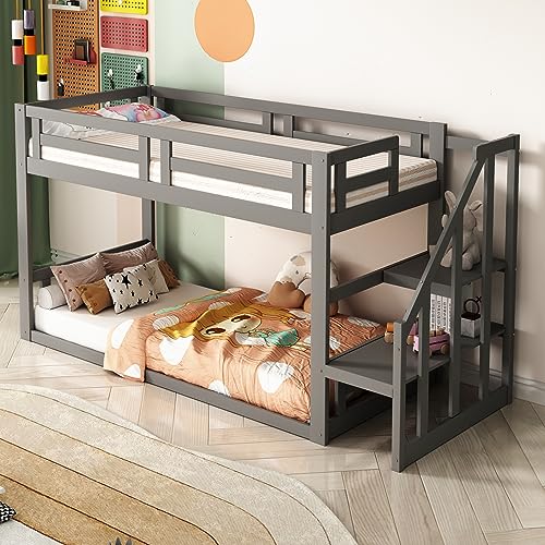 Arhatreya Cama infantil de 90 x 200 cm, litera baja con escalera de seguridad, estructura de madera maciza con somier, cama para niños y adolescentes (sin colchón), color gris
