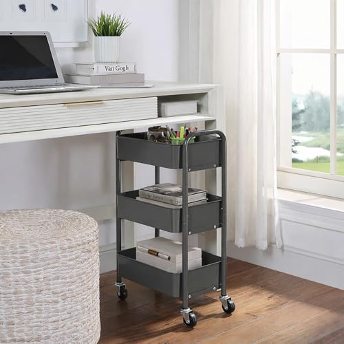 Image of SunnyPoint 3-Tier Delicate Compact Rolling Metal Storage Organizer - Mobile Utility Cart Kitchen /Under Desk Cart with Caster Wheels (Gray, 15.35 inch X 10.24 inch X 26.8 inchH)