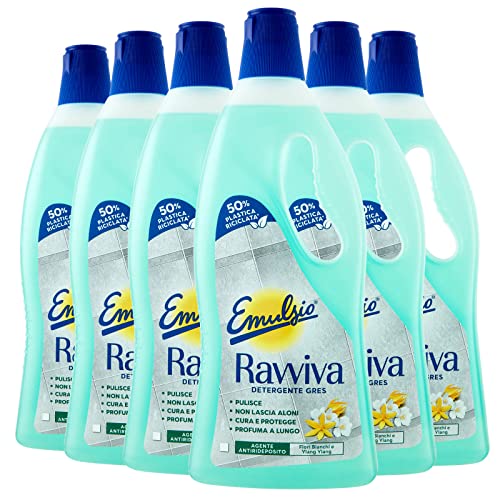 Emulsio Revive Gres - Limpiador de suelos para gres porcelana brillante u mate fórmula con agente antiredeposito protector, perfume de flores blancas y ylang-ylang de larga duración, 6 botellas de 750