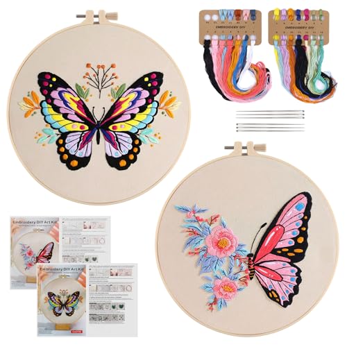 TAIHOBO Kit de Inicio de Bordado de Mariposa: 2PCS Kit Bordado Principiantes a Mano con Bastidor de Bordado, Aguja e Hilo de Bordar e Instrucciones, Embroidery Kit para los Aficionados a la Costura