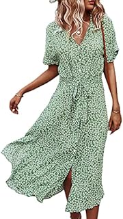 Women Floral Print T Shirt Dress Short Sleeve V Neck Summer Sun Dresses Casual Midi Maxi Dress with Belt Beach Party (Green, Medium)