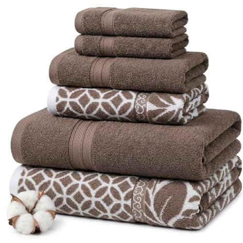 Image of Modern Threads 6 Piece Bath Towel Set - Bathroom Set with 2 Bath Towels, 2 Hand Towels, and 2 Wash Cloths - 100% Cotton, Super Absorbent & Extra Soft - Reversible Botanical Vine (Taupe Brown)