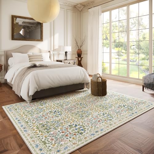 Image of Light Green 5x7 Area Rug - Vintage Floral Washable Bedroom Rug for Living Room, Nursery, Dining Room - Low Pile, Non-Slip, Stain Resistant, Retro Indoor Floor Rug
