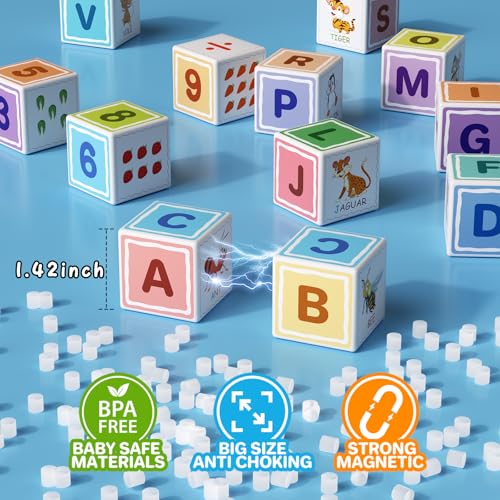 Image of Large Magnetic Blocks for kids ages 4-8-Toddler Toys,30pcs Big Magnet Building Blocks, STEM Sensory Travel Printed Montessori Toys for Boys&Girls, Learning Construction Magnetic Cubes for Gift