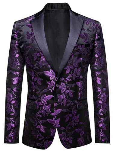 Image of Barry.Wang Mens Floral Blazer Suit Jacket Notched Lapel Casual Sport Coat | Flowers Jacquard One Button Tuxedo for Prom Wedding Party Disco Dinner Banquet Cocktail Homecoming Travel,Regular Fit