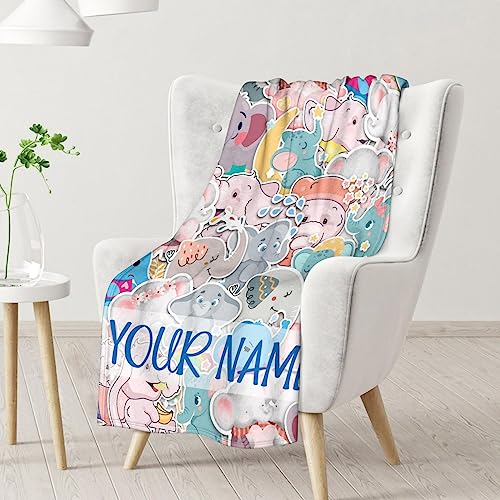 Personalized Elephant Blanket Gifts with Name - 30"x40" Cute Throw for Women Girls - Colorful Soft Fuzzy Blankets for Couch & Office