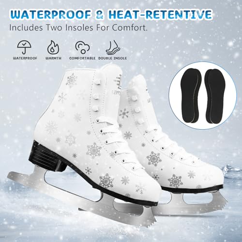 LEVYTEMP Women\'s/Girls Figure Ice Skates - Youth White Snowflake Figure Skating Shoes with Two Insoles - Comfortable, Safe Indoor Outdoor Rink Size US 7 - Thumbnail 2