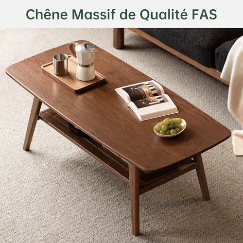 Table basse chêne massif 80x50 avec étagère YESWOOD
