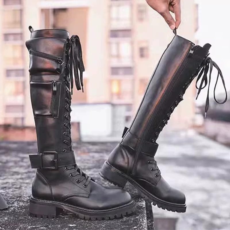 Womens Fashion Outdoor Side Zipper Leather Knee High Boots Lace Up Platform Lug Sole Comfort Round Toe Combat Boots Punk Thigh Tall Boots3